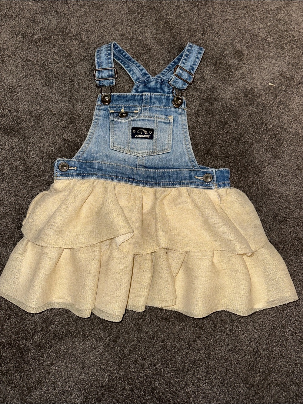 Jordache Blue Denim Overall Dress with Gold Ruffle Skirt 2T